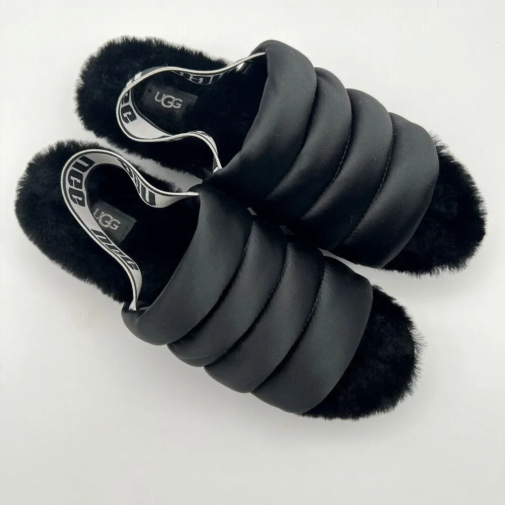 UGG Puff Yeah Slipper Sandal Slide Black Satin Elastic Back Women’s size 10M